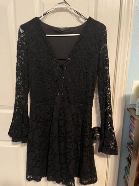 Ambiance Black Lace Long-Sleeve Lace-Up Skater Dress